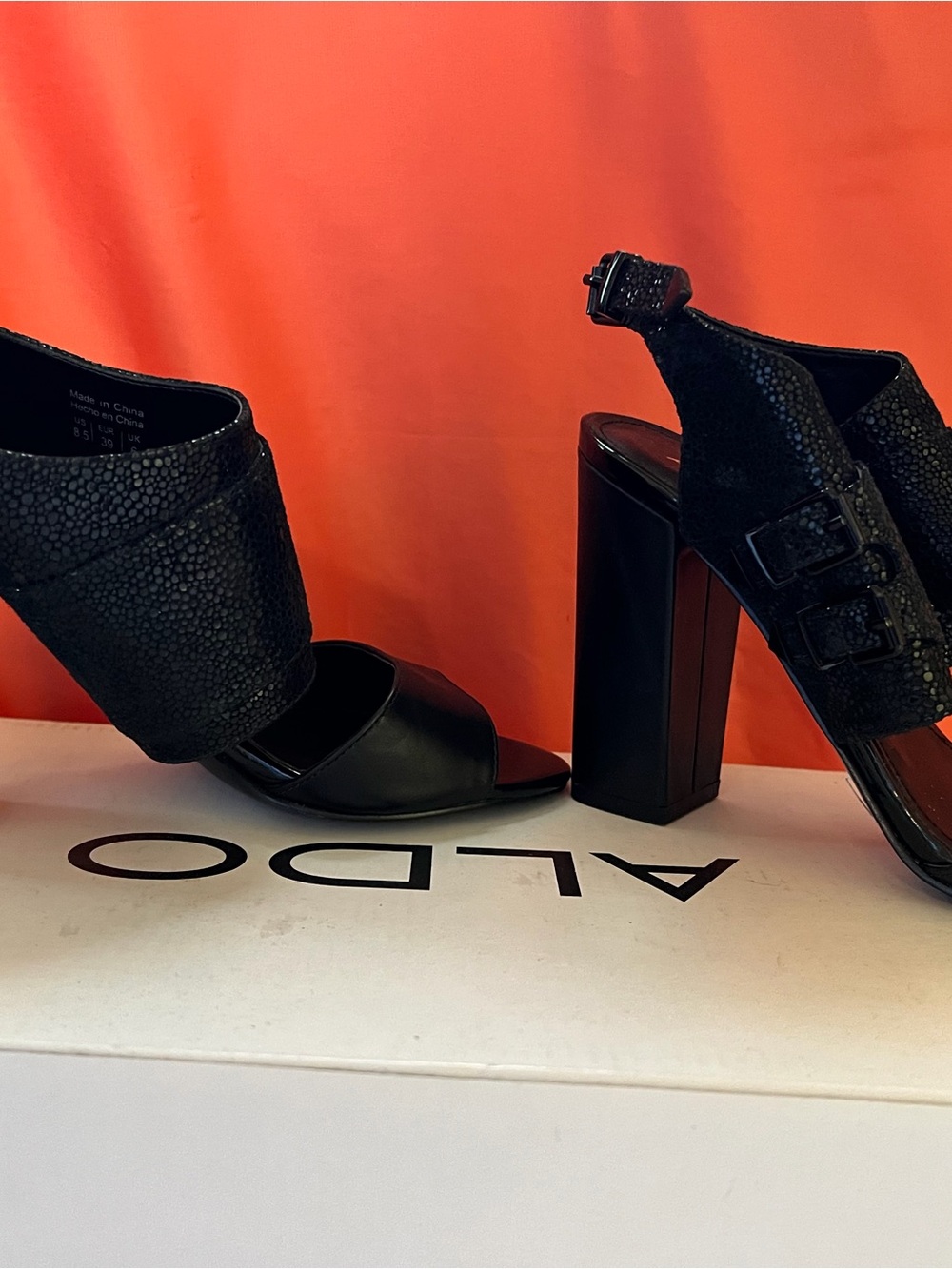 Aldo Black Textured Open-Toe Block Heel Sandals